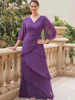 Party Dress For Mother Of The Bride V-Neck Short Sleeves A-Line Ruffles Floor-Length Wedding Guest Dresses