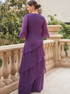 Party Dress For Mother Of The Bride V-Neck Short Sleeves A-Line Ruffles Floor-Length Wedding Guest Dresses
