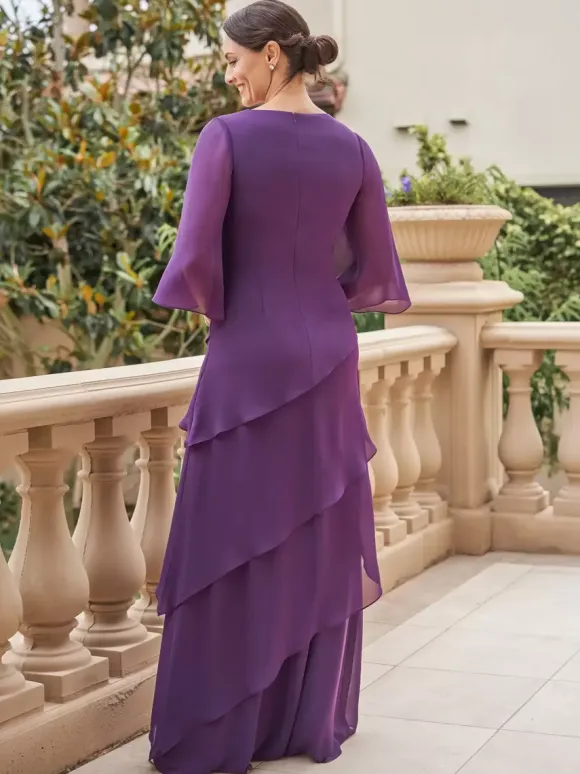 Party Dress For Mother Of The Bride V-Neck Short Sleeves A-Line Ruffles Floor-Length Wedding Guest Dresses