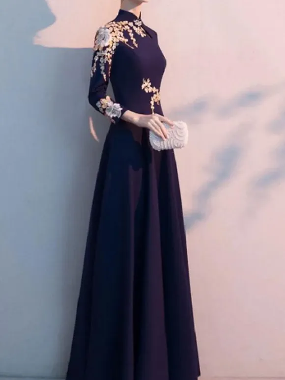 Party Dress For Mother Of The Bride High Collar Long Sleeves A-Line Applique Guest Dresses For Wedding