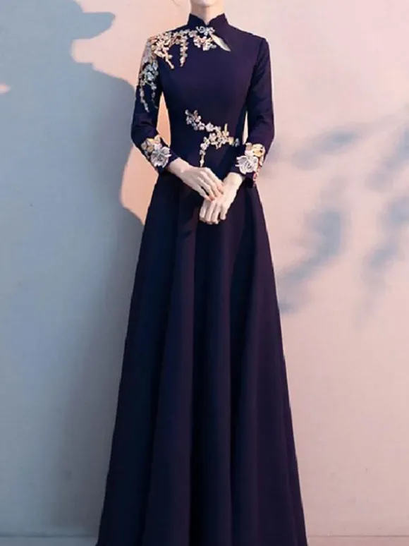 Party Dress For Mother Of The Bride High Collar Long Sleeves A-Line Applique Guest Dresses For Wedding