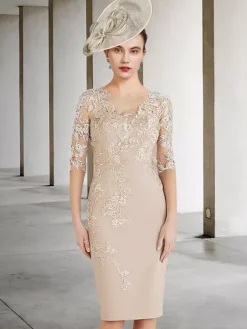 Party Dress For Mother Of The Bride Jewel Neck Half Sleeves Sheath Lace Wedding Guest Dresses Free Customization