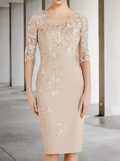 Party Dress For Mother Of The Bride Jewel Neck Half Sleeves Sheath Lace Wedding Guest Dresses Free Customization