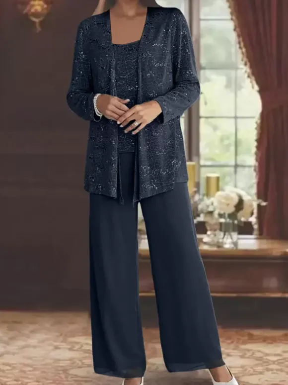 Party Dress For Mother Of The Bride Jewel Neck Long Sleeves Two-piece Sequins Ankle-Length Guest Dresses For Wedding