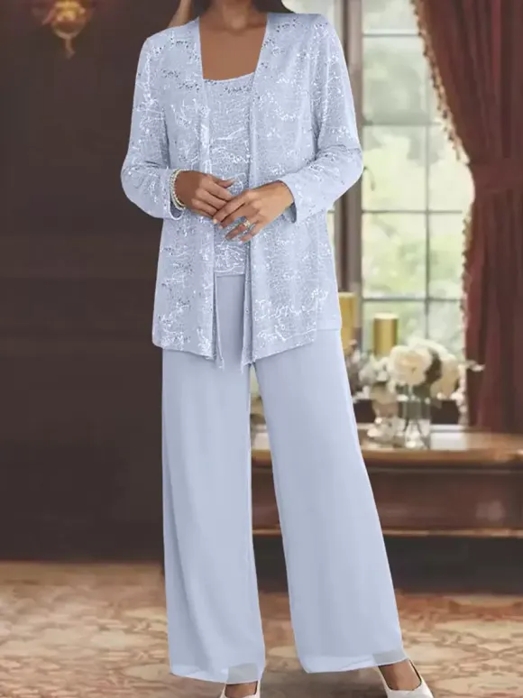 Party Dress For Mother Of The Bride Jewel Neck Long Sleeves Two-piece Sequins Ankle-Length Guest Dresses For Wedding