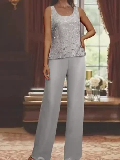 Party Dress For Mother Of The Bride Jewel Neck Long Sleeves Two-piece Sequins Ankle-Length Guest Dresses For Wedding
