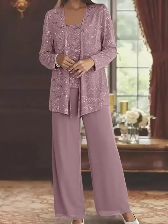Party Dress For Mother Of The Bride Jewel Neck Long Sleeves Two-piece Sequins Ankle-Length Guest Dresses For Wedding