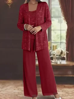 Party Dress For Mother Of The Bride Jewel Neck Long Sleeves Two-piece Sequins Ankle-Length Guest Dresses For Wedding