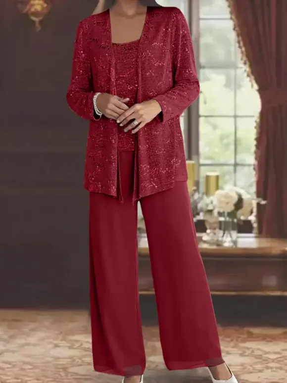 Party Dress For Mother Of The Bride Jewel Neck Long Sleeves Two-piece Sequins Ankle-Length Guest Dresses For Wedding