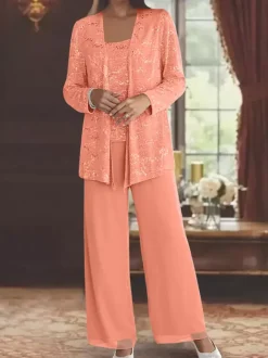 Party Dress For Mother Of The Bride Jewel Neck Long Sleeves Two-piece Sequins Ankle-Length Guest Dresses For Wedding