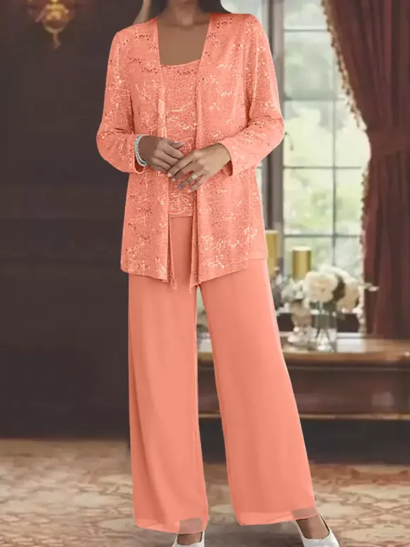 Party Dress For Mother Of The Bride Jewel Neck Long Sleeves Two-piece Sequins Ankle-Length Guest Dresses For Wedding
