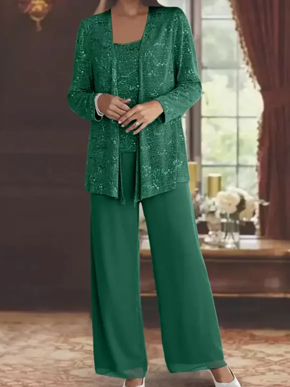 Party Dress For Mother Of The Bride Jewel Neck Long Sleeves Two-piece Sequins Ankle-Length Guest Dresses For Wedding