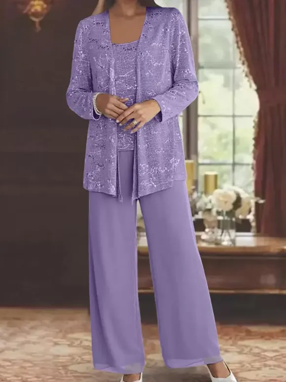 Party Dress For Mother Of The Bride Jewel Neck Long Sleeves Two-piece Sequins Ankle-Length Guest Dresses For Wedding