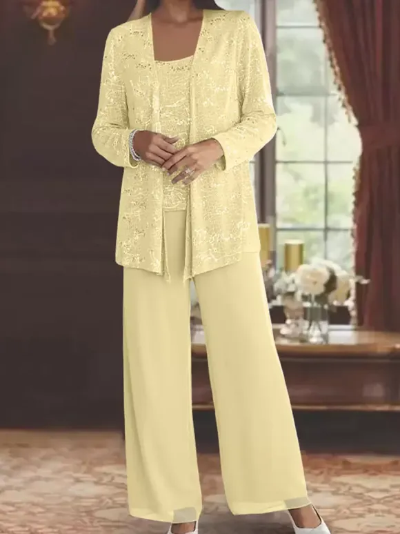 Party Dress For Mother Of The Bride Jewel Neck Long Sleeves Two-piece Sequins Ankle-Length Guest Dresses For Wedding