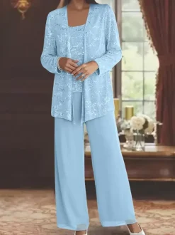 Party Dress For Mother Of The Bride Jewel Neck Long Sleeves Two-piece Sequins Ankle-Length Guest Dresses For Wedding