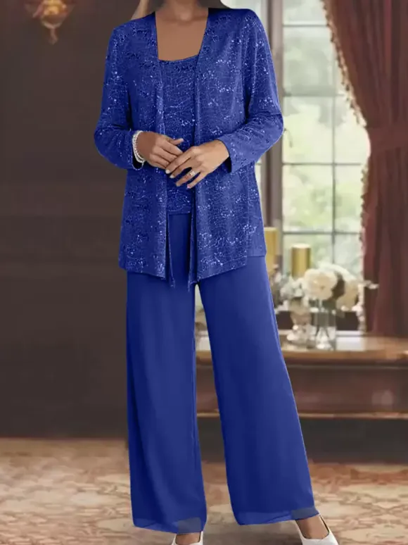 Party Dress For Mother Of The Bride Jewel Neck Long Sleeves Two-piece Sequins Ankle-Length Guest Dresses For Wedding