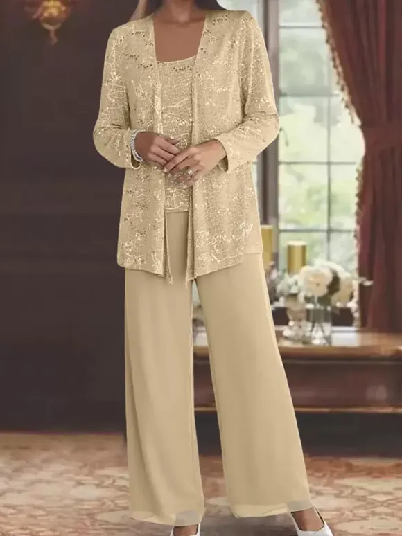 Party Dress For Mother Of The Bride Jewel Neck Long Sleeves Two-piece Sequins Ankle-Length Guest Dresses For Wedding
