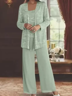 Party Dress For Mother Of The Bride Jewel Neck Long Sleeves Two-piece Sequins Ankle-Length Guest Dresses For Wedding