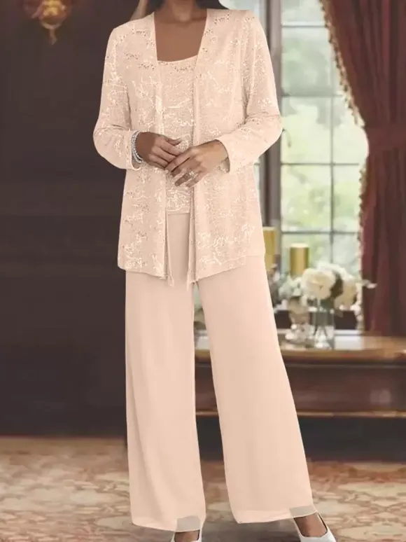 Party Dress For Mother Of The Bride Jewel Neck Long Sleeves Two-piece Sequins Ankle-Length Guest Dresses For Wedding