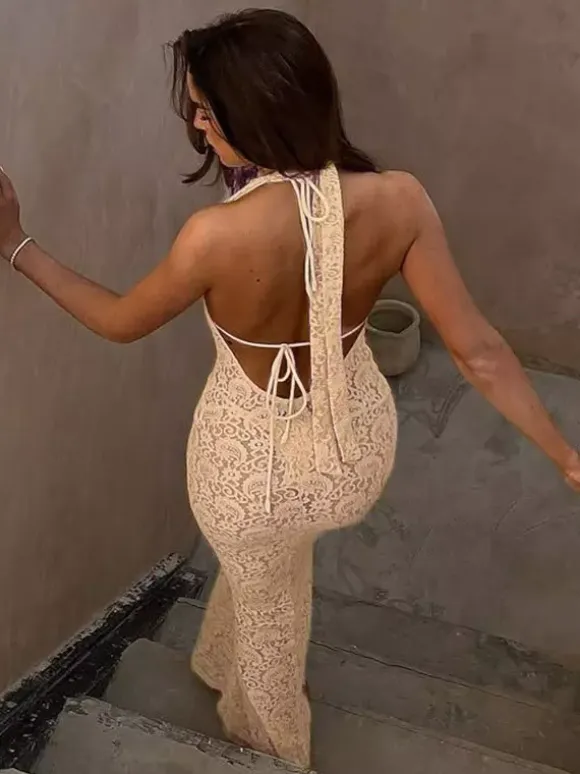 Party Dress Maxi Apricot V-Neck Lace Sleeveless Clothes Elegant Semi Formal Dress