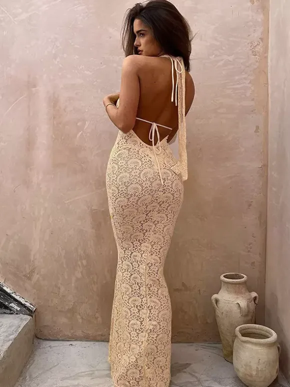 Party Dress Maxi Apricot V-Neck Lace Sleeveless Clothes Elegant Semi Formal Dress