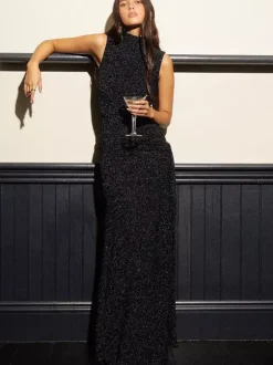 Party Dress Maxi Black Halter Belted Chic Semi Formal Dress