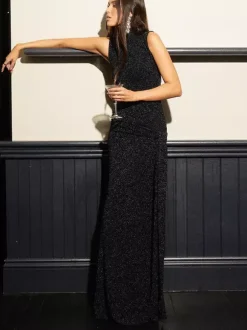 Party Dress Maxi Black Halter Belted Chic Semi Formal Dress