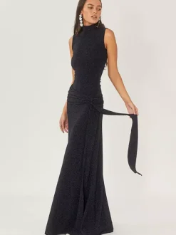 Party Dress Maxi Black Halter Belted Chic Semi Formal Dress
