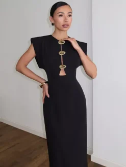Party Dress Maxi Black Jewel Neck Buttons Sleeveless Elegant Semi Formal Dress