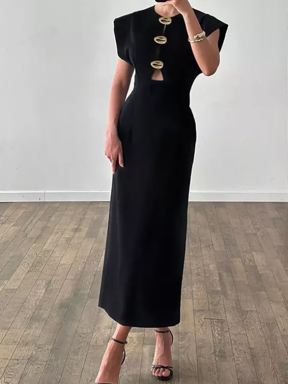 Party Dress Maxi Black Jewel Neck Buttons Sleeveless Elegant Semi Formal Dress