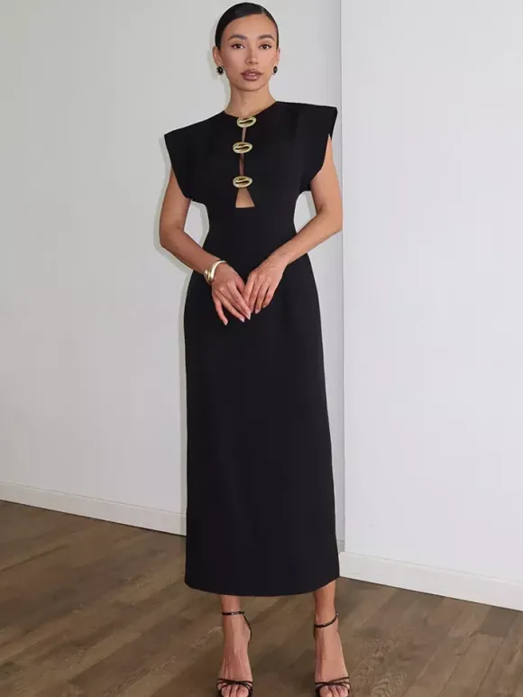 Party Dress Maxi Black Jewel Neck Buttons Sleeveless Elegant Semi Formal Dress