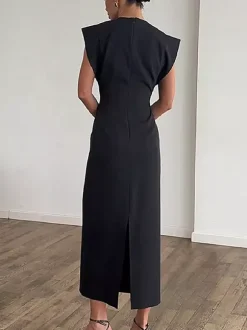 Party Dress Maxi Black Jewel Neck Buttons Sleeveless Elegant Semi Formal Dress