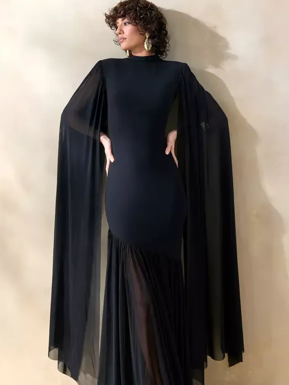 Party Dress Maxi Black Jewel Neck Sleeveless Chic Semi Formal Dress