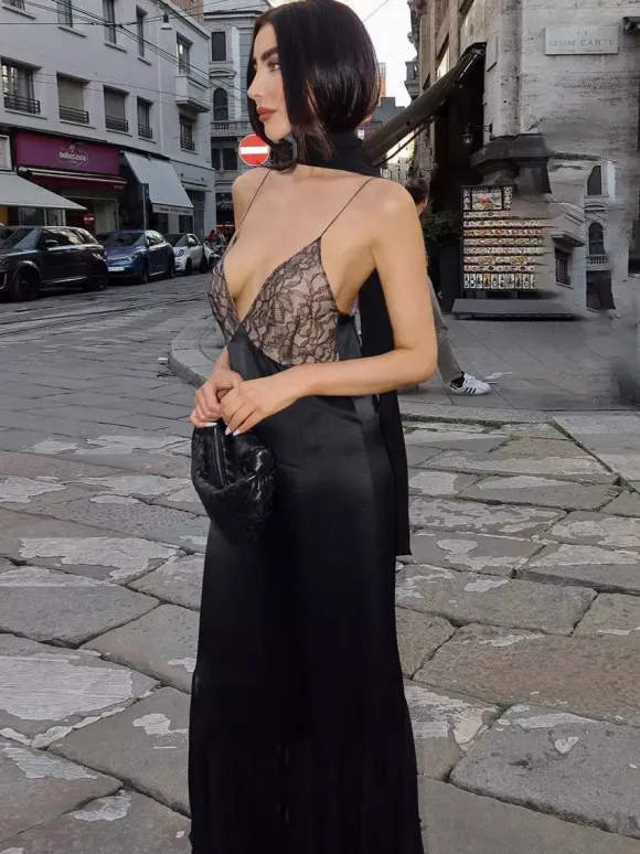 Party Dress Maxi Black Straps Neck Shaping Elegant Semi Formal Summer Dress