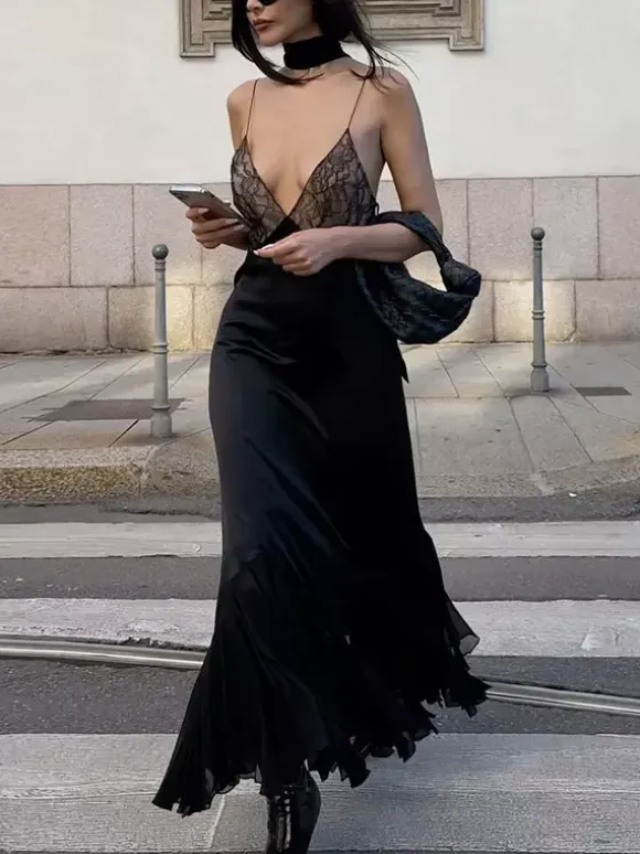 Party Dress Maxi Black Straps Neck Shaping Elegant Semi Formal Summer Dress