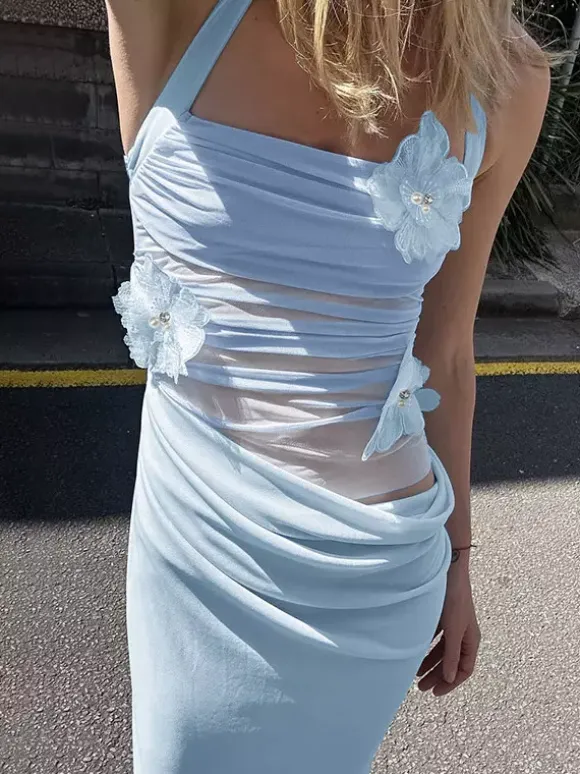 Party Dress Maxi Blue Flowers Sleeveless Flower Sexy Semi Formal Summer Dress