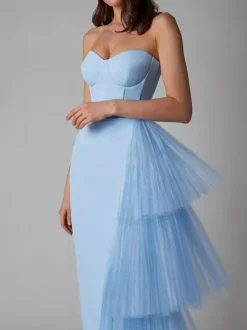 Party Dress Maxi Blue Strapless Zipper Sleeveless Backless Elegant Semi Formal Dress