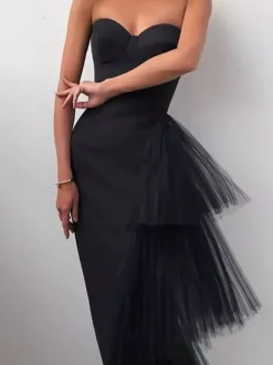 Party Dress Maxi Blue Strapless Zipper Sleeveless Backless Elegant Semi Formal Dress