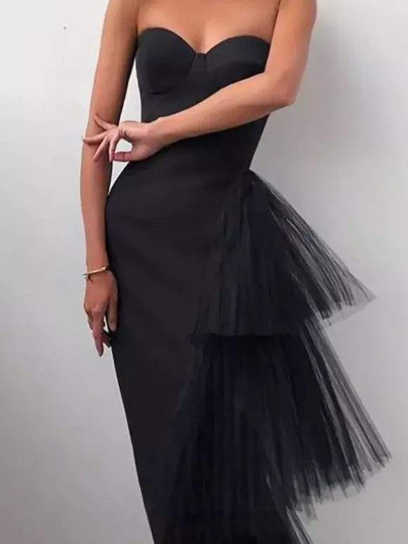 Party Dress Maxi Blue Strapless Zipper Sleeveless Backless Elegant Semi Formal Dress
