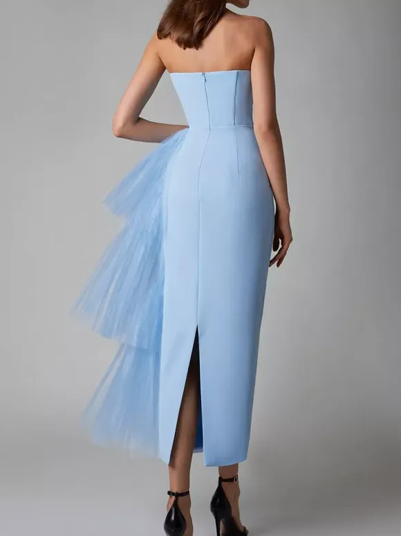 Party Dress Maxi Blue Strapless Zipper Sleeveless Backless Elegant Semi Formal Dress