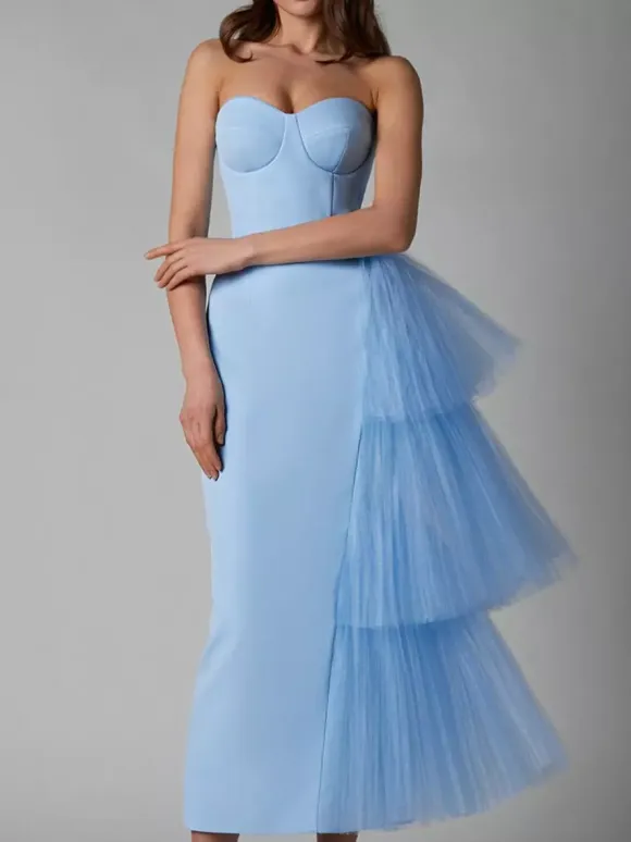 Party Dress Maxi Blue Strapless Zipper Sleeveless Backless Elegant Semi Formal Dress