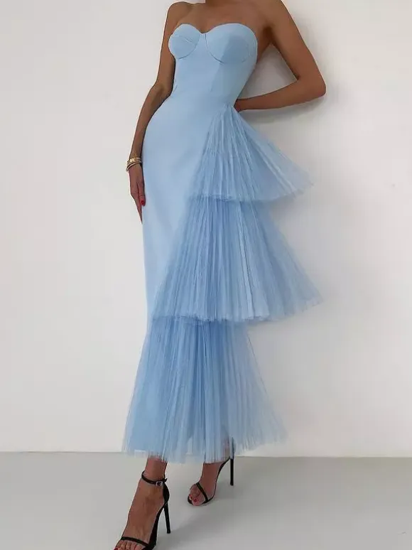 Party Dress Maxi Blue Strapless Zipper Sleeveless Backless Elegant Semi Formal Dress
