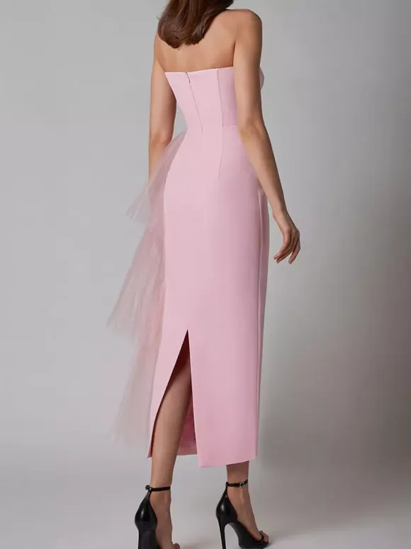 Party Dress Maxi Blue Strapless Zipper Sleeveless Backless Elegant Semi Formal Dress