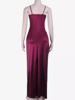 Party Dress Maxi Burgundy Straps Neck Lace Spaghetti Strap High Slit Sexy Semi Formal Dress