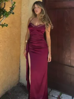 Party Dress Maxi Burgundy Straps Neck Lace Spaghetti Strap High Slit Sexy Semi Formal Dress