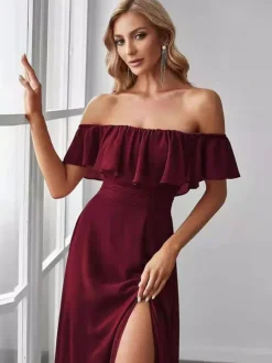 Party Dress Maxi Burgundy Off-The-Shoulder Sleeveless Shaping Elegant Semi Formal Dress