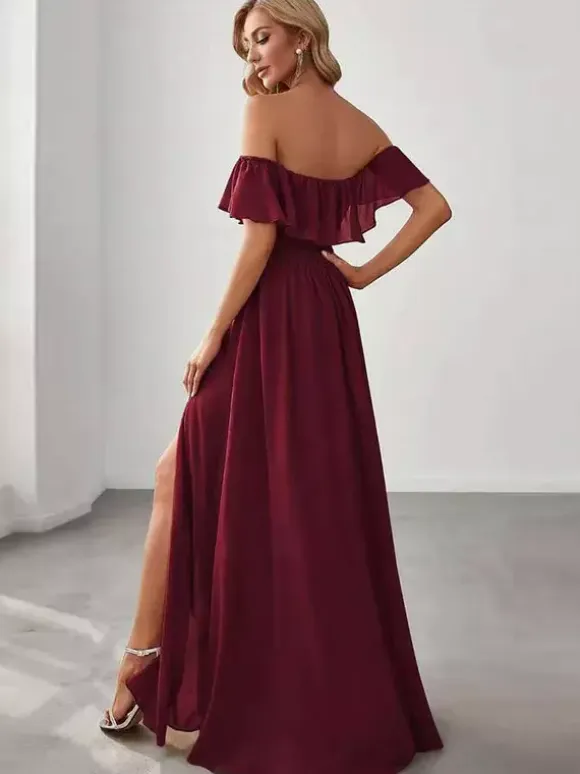 Party Dress Maxi Burgundy Off-The-Shoulder Sleeveless Shaping Elegant Semi Formal Dress