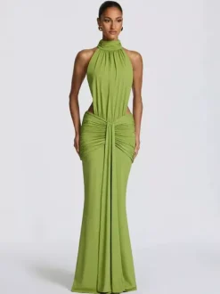 Party Dress Maxi Coffee Brown Halter Pleated Sleeveless Backless Chic Semi Formal Dress