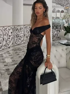Party Dress Maxi Coffee Brown Off-The-Shoulder Lace Sexy Semi Formal Dress