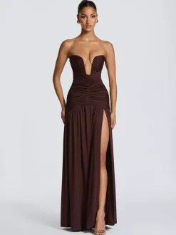 Party Dress Maxi Coffee Brown Halter Zipper Sleeveless Backless Elegant Semi Formal Dress